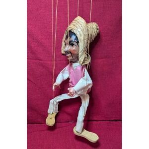 Vintage Mexican Marionette Puppet Farmer Straw Hat Folk Art Hand Painted Wood...